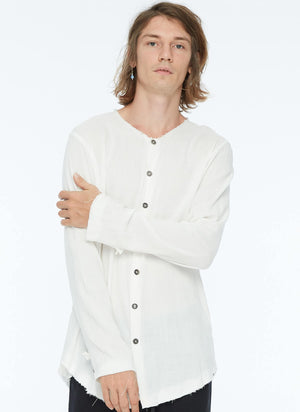 FRAYED COLLARLESS SHIRT WHITE