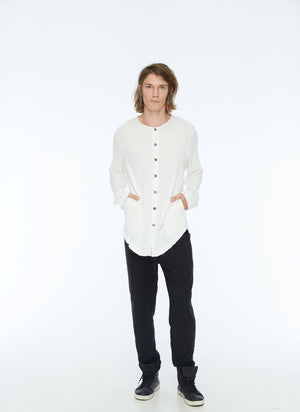 FRAYED COLLARLESS SHIRT WHITE