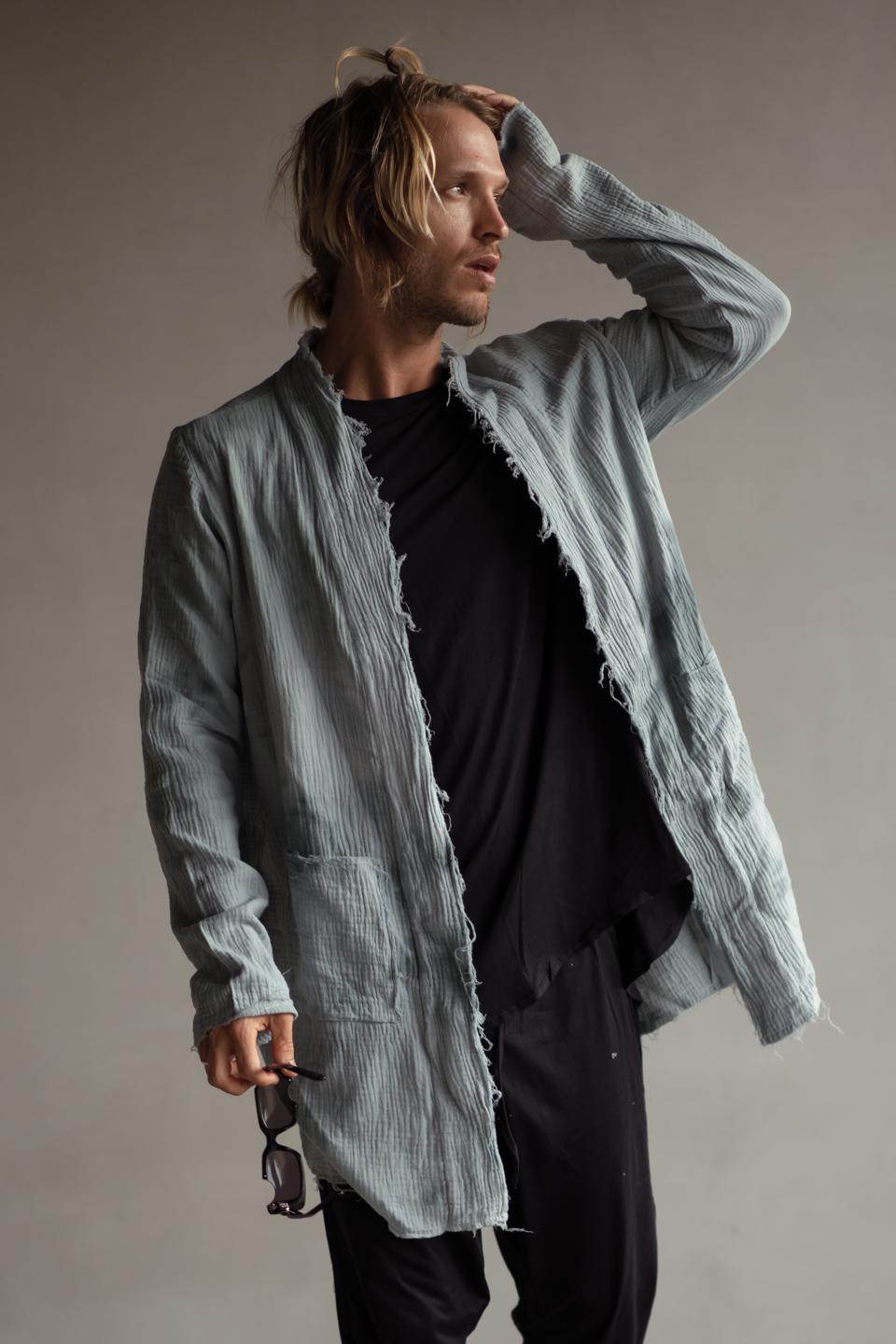 HAND DYED RAW COTTON CARDIGAN BLUE